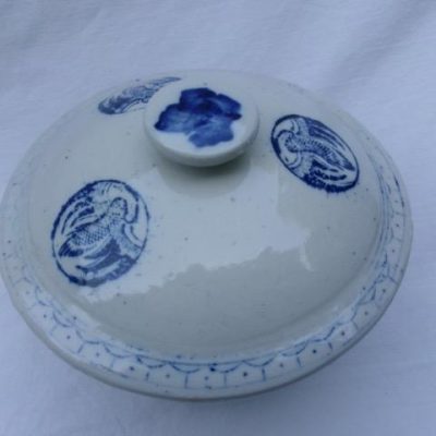 HC-030 — Chinese White Ceramic Covered Bowl with Blue Decoration (view 5)